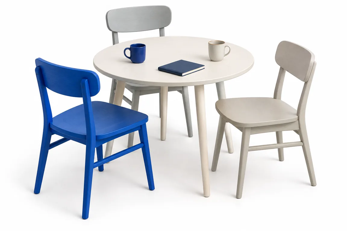 Three chairs around a shared table, one in SortHomes blue
